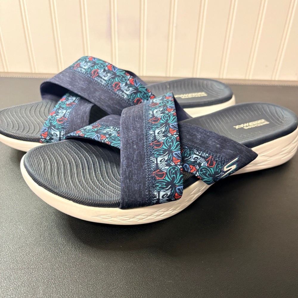 Skechers On-the-GO Radiant Navy Blue Crisscross Slide Sandals Womens 10